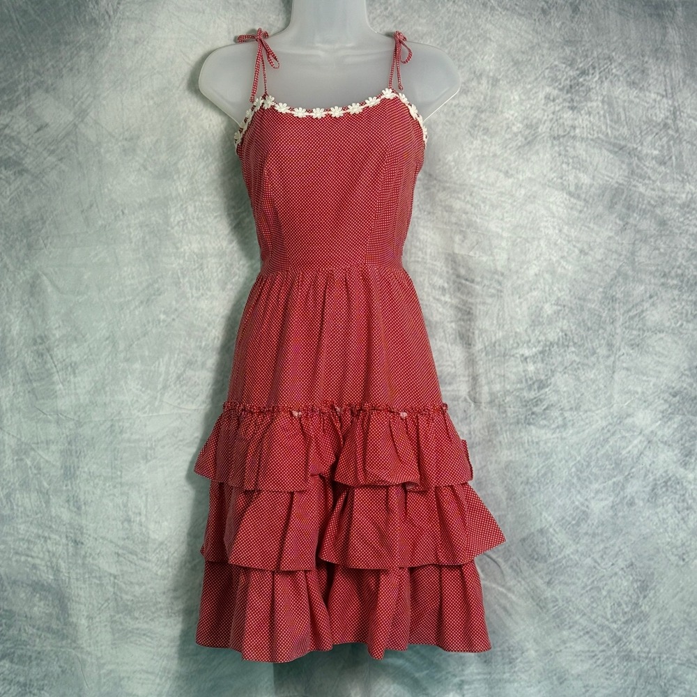 Vtg 90s y2k Dress Sz XS Red Polka Dot Sundress Tiered Ruffle Cottagecore pin up